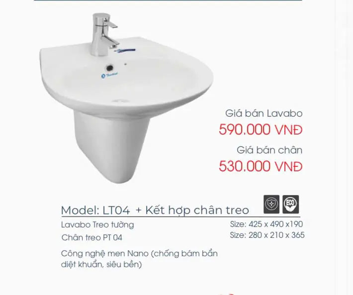LAVABO THIÊN THANH LT04 + CHÂN TREO PT04