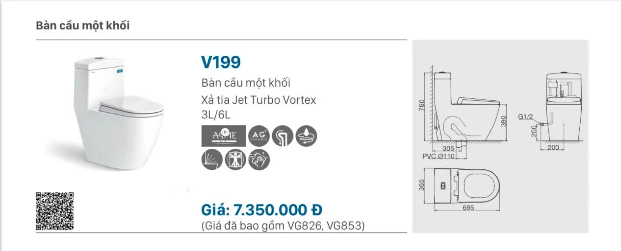       BỒN CẦU LIỀN KHỐI VIGLACERA V199 NẮP ÊM