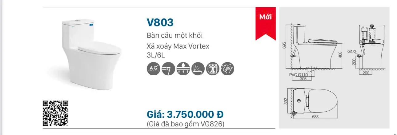 BỒN CẦU LIỀN KHỐI VIGLACERA V803 NẮP ÊM